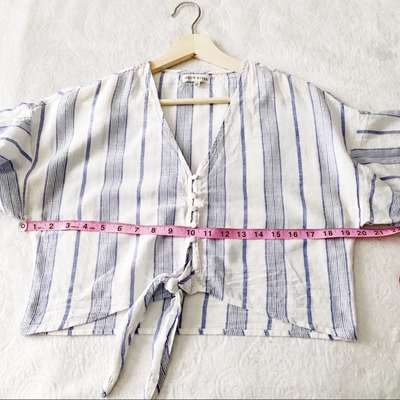 Moon River White Cotton + Blue Stripe Button Down Tied Waist Top - Picture 6 of 11